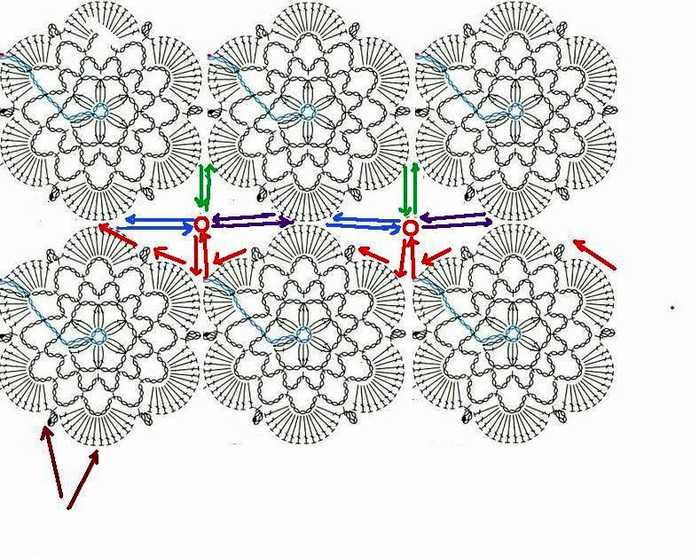 Схема соединения бабушкиных квадратов крючком без отрыва