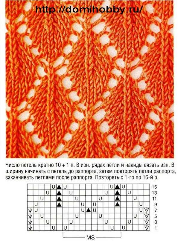 Схема узора листочки спицами с описанием